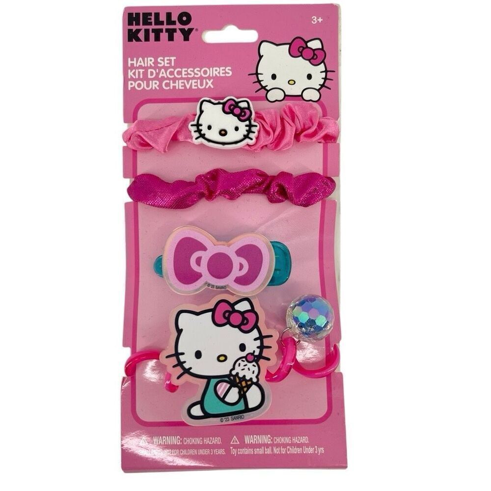 Hello Kitty Girls Hair Accessory Set — 3 Scrunchies + Bow Hair Clip | Pink | NWT